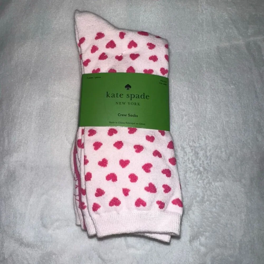 Kate Spade Valentines Day Set of 3 Crew Socks Pink Heart Patterns Womens NWT